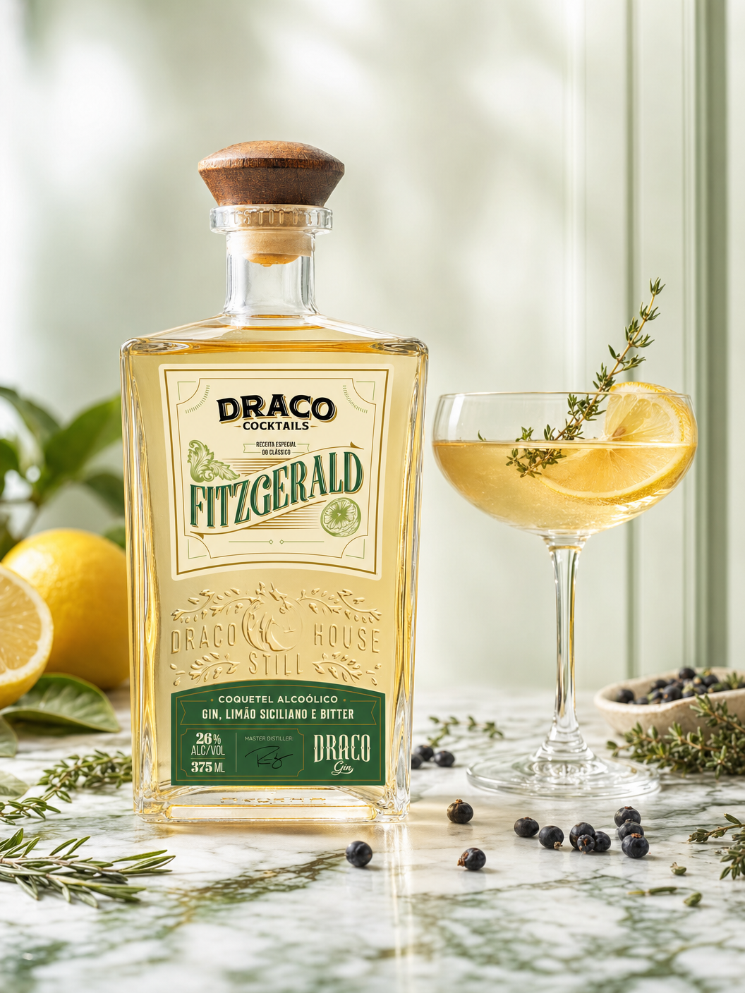 Garrafa Draco Fitzgerald e taça coupe com limão siciliano sobre mármore claro