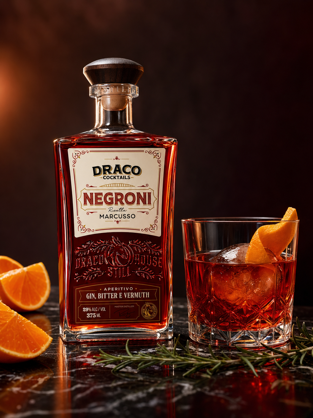 Garrafa Draco Negroni Ricetta Marcusso ao lado de um Negroni com gelo esférico e laranja
