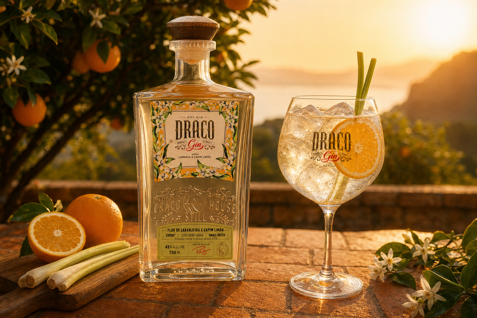 Garrafa Draco Gin Néroli e gin tônica com laranja e capim-limão ao pôr do sol