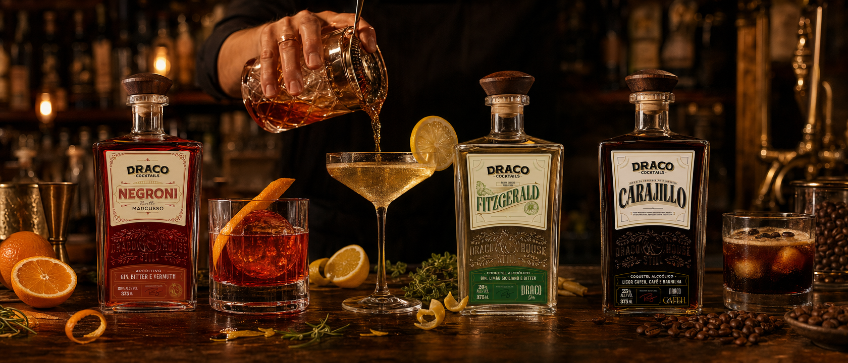 Garrafas Draco Negroni, Fitzgerald e Carajillo em bancada de bar com coquetéis servidos